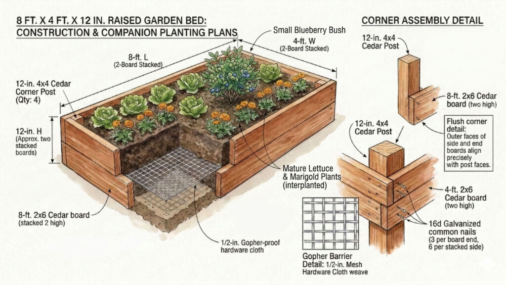 A woodworking plan to build a raised garden bed with cedar wood.