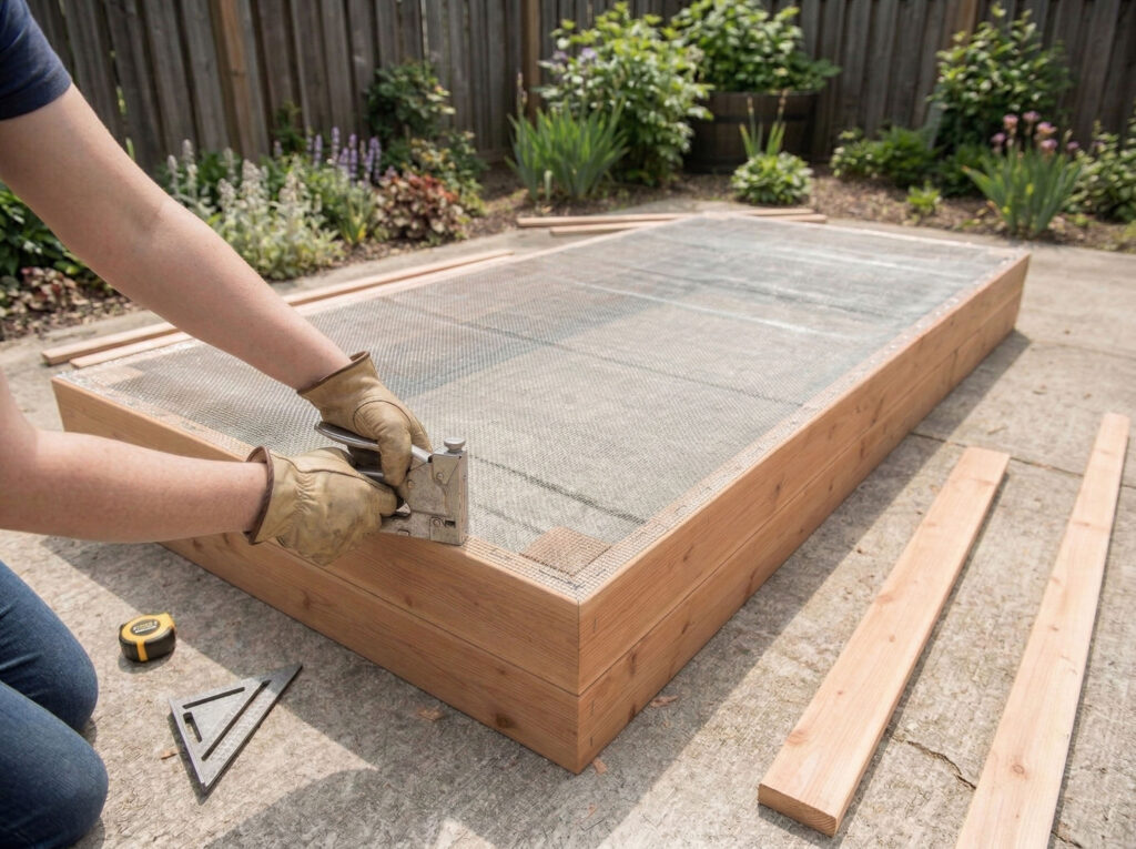 A pair of hands using a heavy-duty stapler to attach silver hardware cloth to the cedar edges.