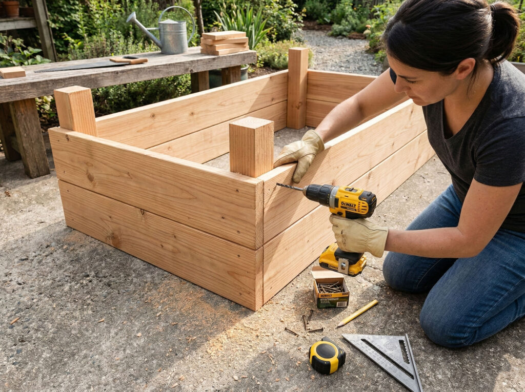 Two cedar boards are being attached to a 4x4 corner post using a yellow power drill. Sunlight hits the wood grain, and sawdust is lightly scattered on a concrete patio..